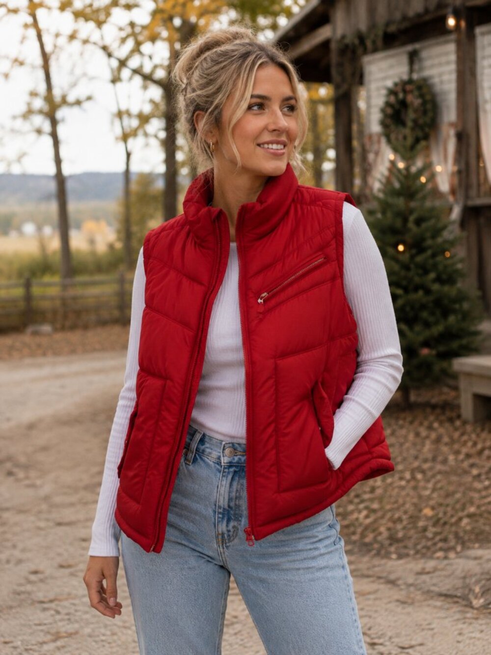 Arizona Jeans Co Women’s Medium Red Puffer Vest Full Zip Quilted Winter *
